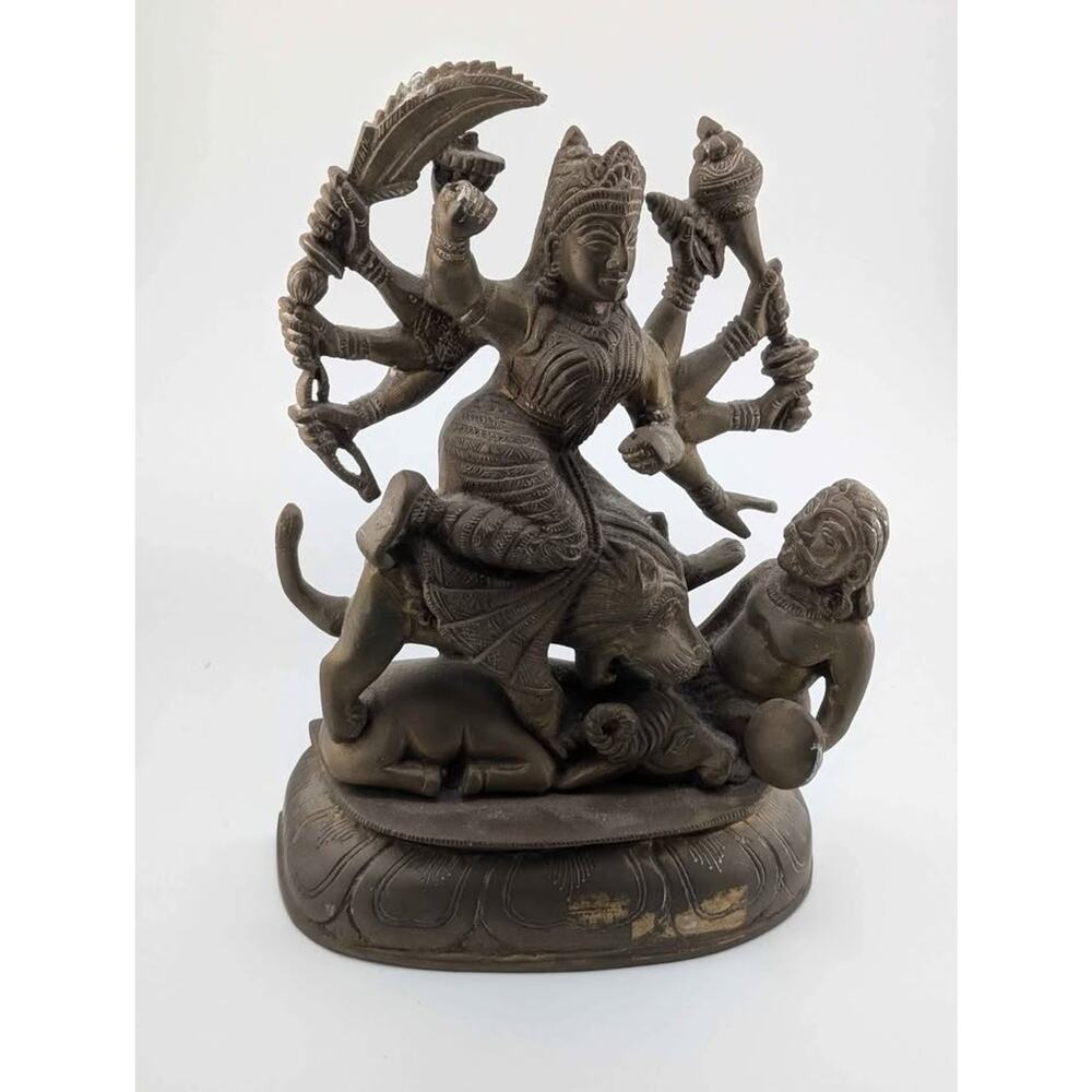 Brass Durga Goddess Statue Hindu Deity on Lion – Multi-Armed Mahishasura Slayer